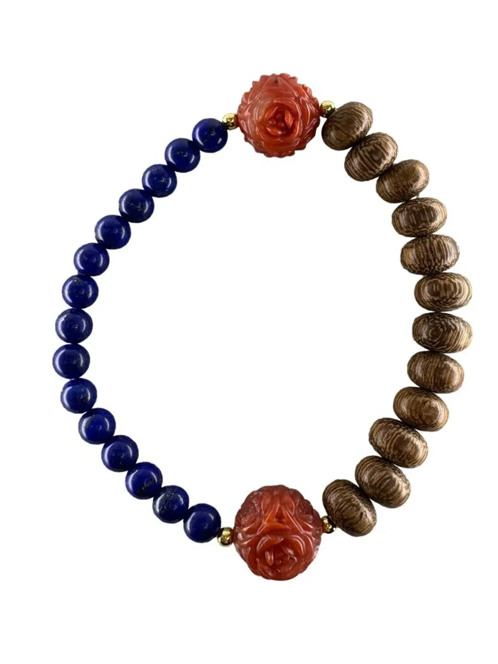 Hand-Carved Red Agate Rose Agarwood Lapis Lazuli Bracelet 18K Gold Filled 6.75